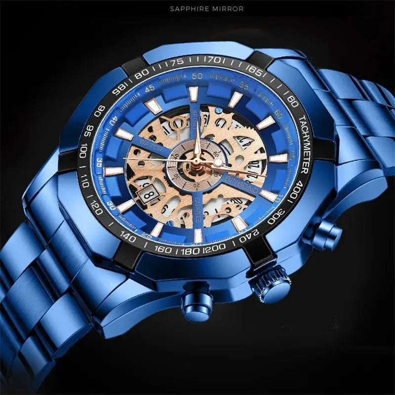 LYVIO Luxury Blue Hollow Out Stainless Steel Men's Quartz Watch