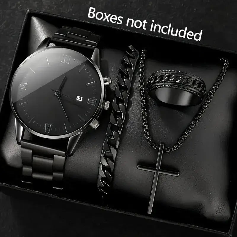 LYVIO Men's Black Minimalist Quartz Watch Bracelet Necklace Ring Set