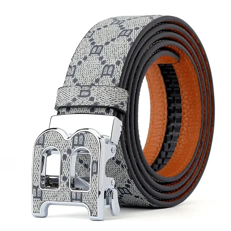 LYVIO Classic B Print Leather Ratchet Buckle Dress Belt
