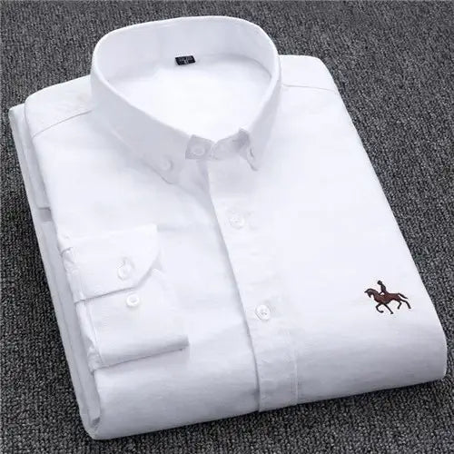 LYVIO Men's White Cotton Oxford Long Sleeve Horse Embroidery Shirt