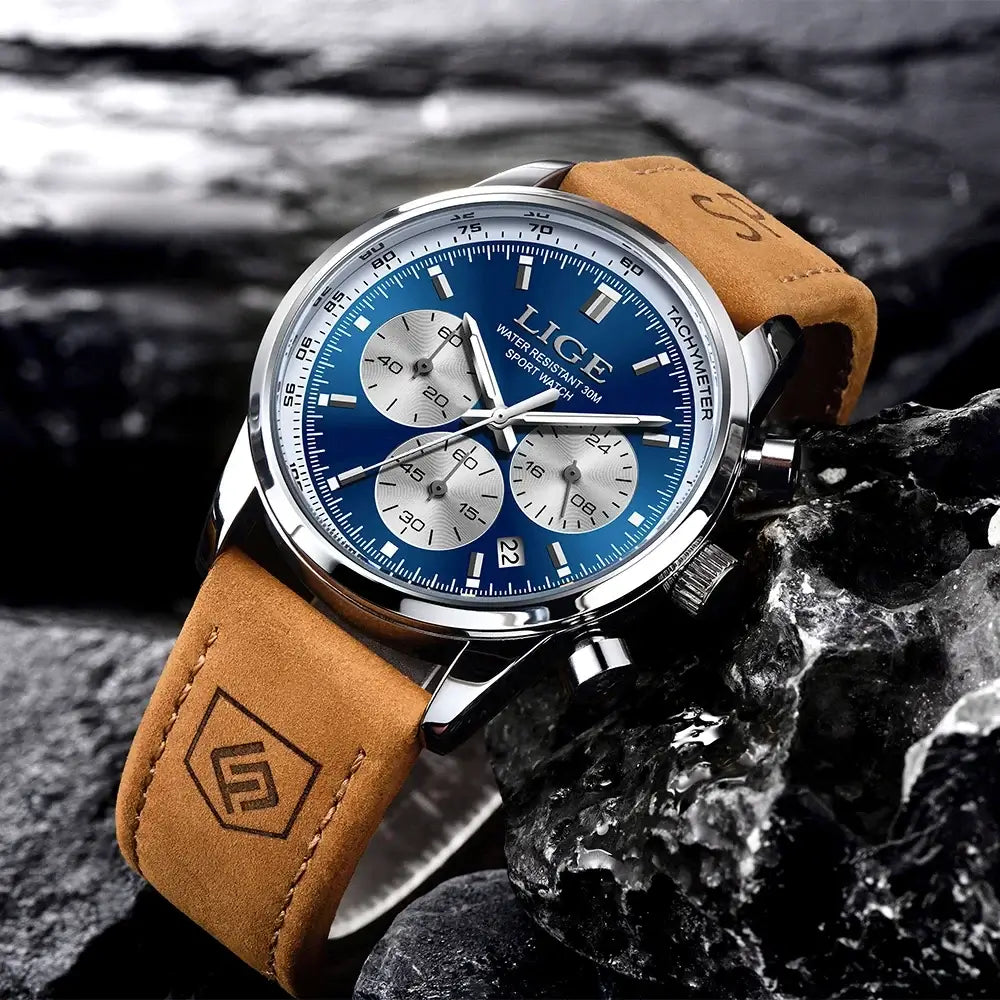 LYVIO LIGE Luxury Men's Leather Quartz Chronograph Wristwatch