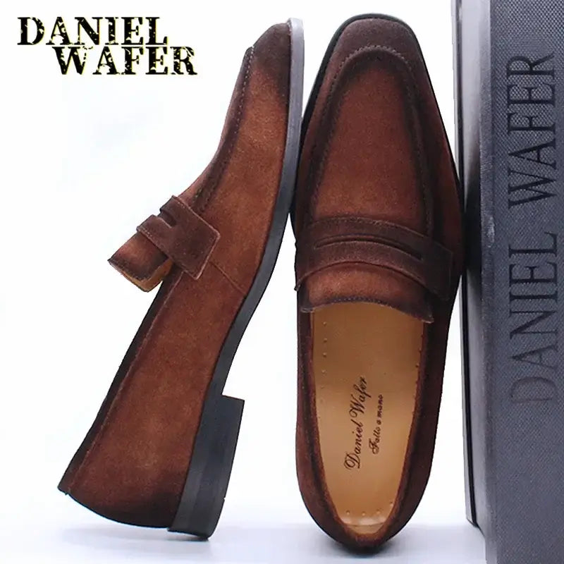 LYVIO Men's Brown Black Suede Leather Slip-On Penny Loafers