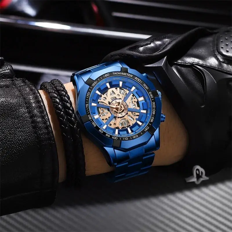 LYVIO Luxury Blue Hollow Out Stainless Steel Men's Quartz Watch