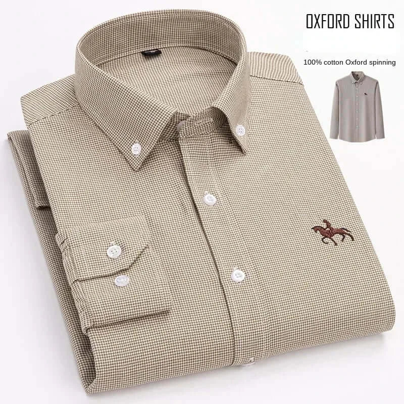  LYVIO Men's White Cotton Oxford Long Sleeve Horse Embroidery Shirt