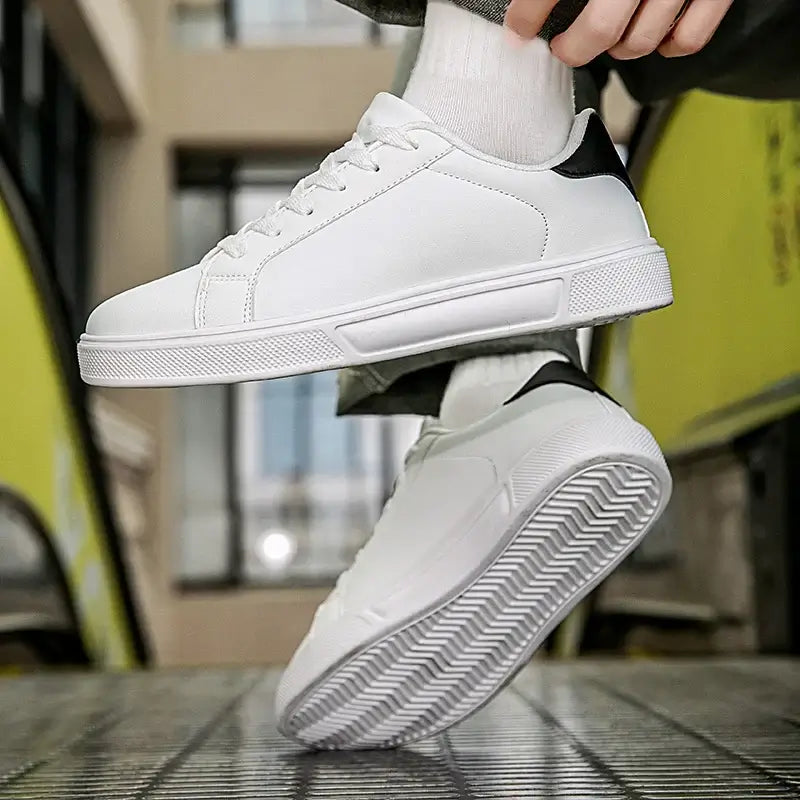 LYVIO Men's White Natural Leather Flat Bottom Casual Sneakers