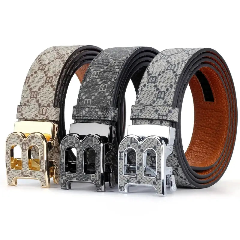 LYVIO Classic B Print Leather Ratchet Buckle Dress Belt