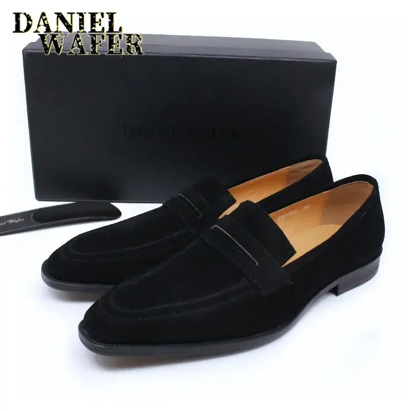 LYVIO Men's Brown Black Suede Leather Slip-On Penny Loafers