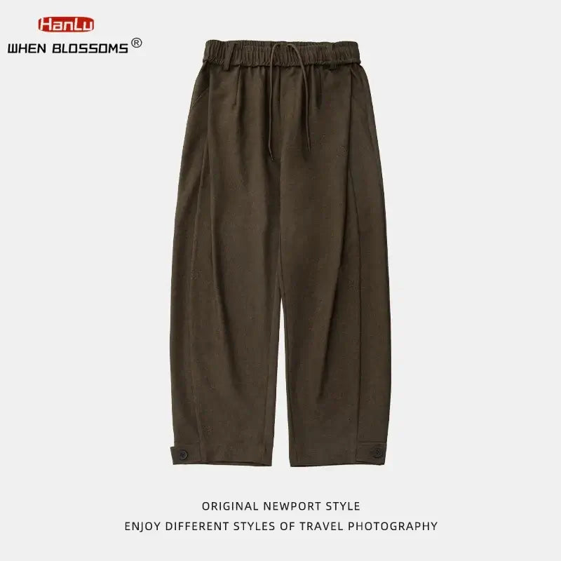 LYVIO Men's Retro Pleated Loose Fit Textured Casual Trousers