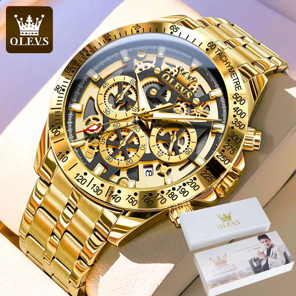 LYVIO OLEVS Gold Full Skeleton Stainless Steel Men's Watch