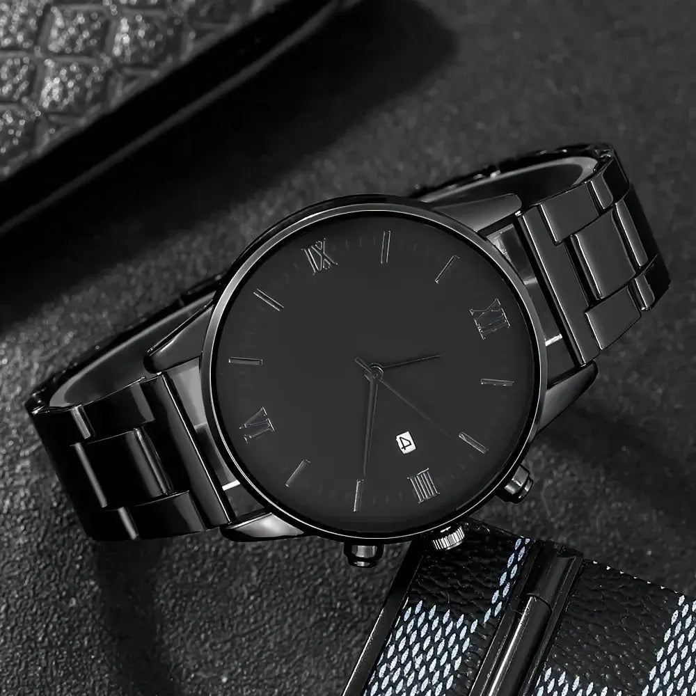 LYVIO Men's Black Minimalist Quartz Watch Bracelet Necklace Ring Set
