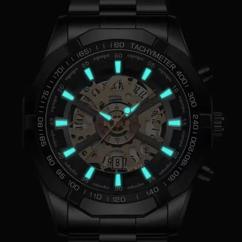 LYVIO Luxury Blue Hollow Out Stainless Steel Men's Quartz Watch