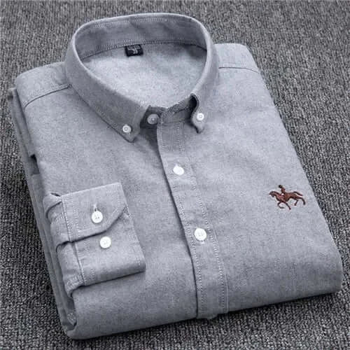LYVIO Men's White Cotton Oxford Long Sleeve Horse Embroidery Shirt