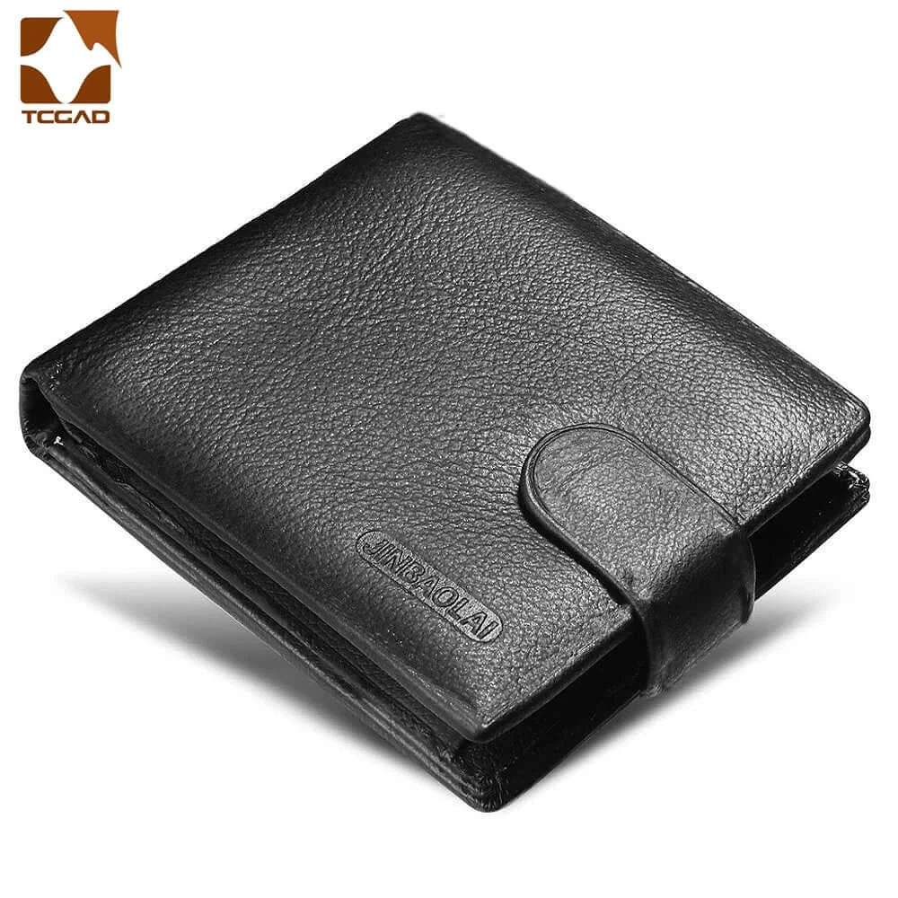 LYVIO Genuine Cowhide Leather Men's Short Black Wallet