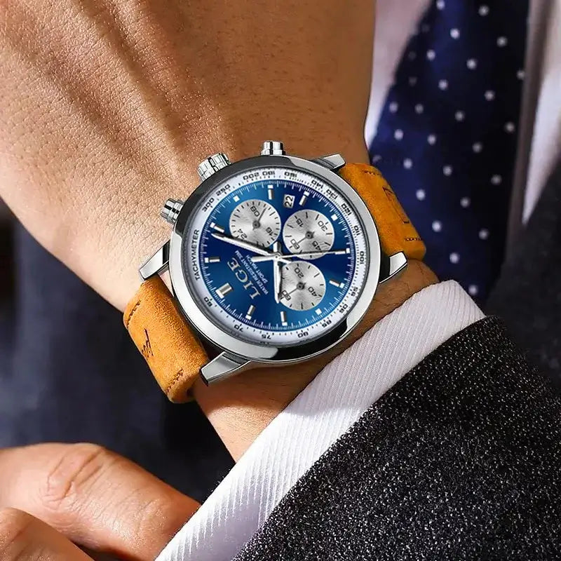 LYVIO LIGE Luxury Men's Leather Quartz Chronograph Wristwatch
