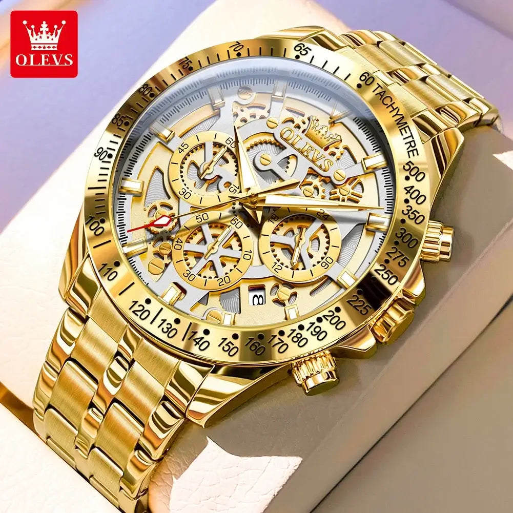 LYVIO OLEVS Gold Full Skeleton Stainless Steel Men's Watch