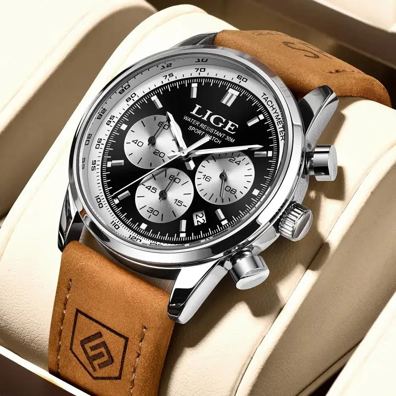 LYVIO LIGE Luxury Men's Leather Quartz Chronograph Wristwatch