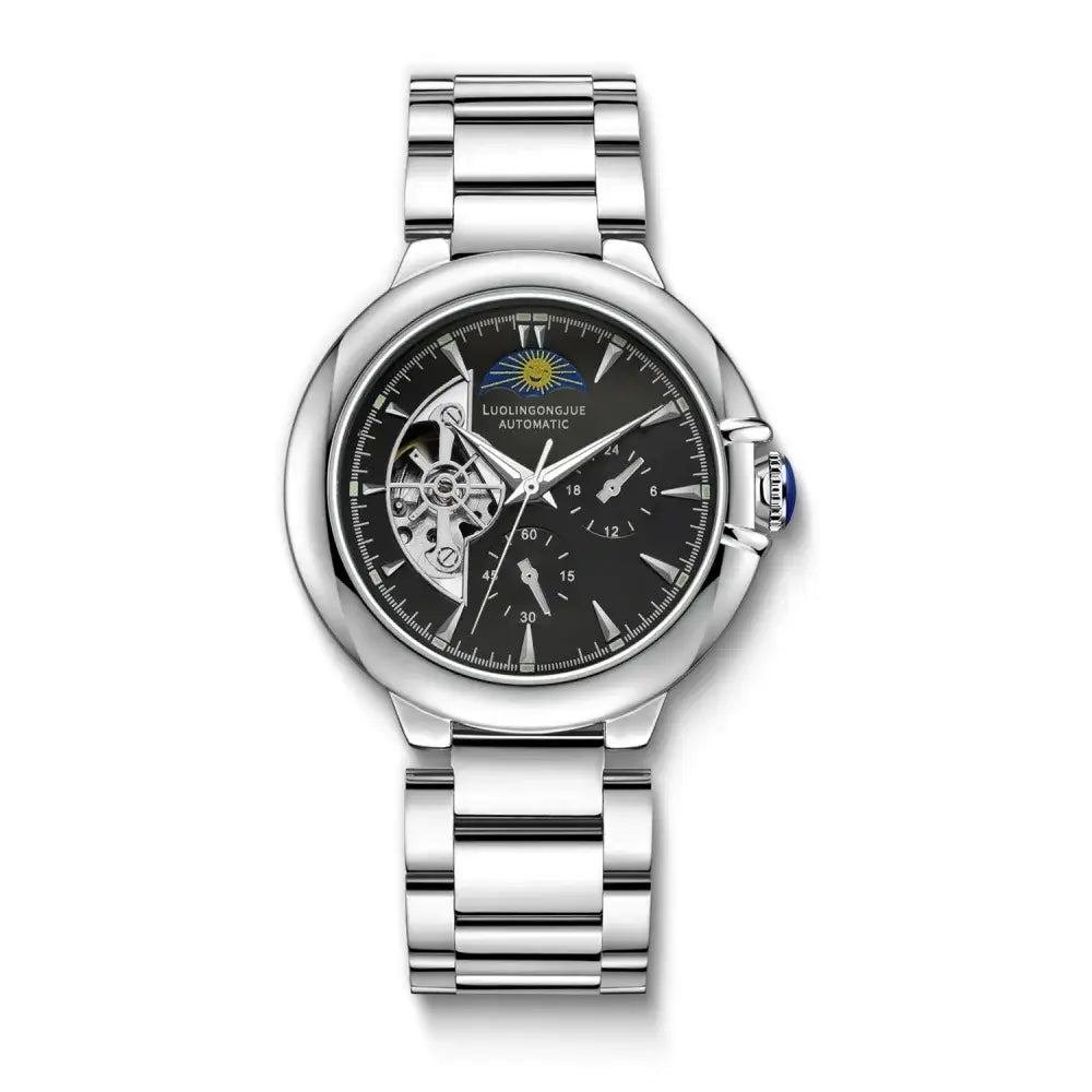 LYVIO High-End Skeleton Automatic Mechanical Steel Band Men's WatchLYVIO High-End Skeleton Automatic Men's Mechanical WatchLYVIO high-end skeleton automatic men's watch with visible movement, luminous design and steel band, ideal for business, formal and casual wear.