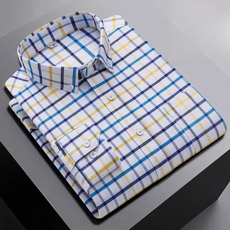 LYVIO Men's 100% Cotton Oxford Striped Plaid Shirt