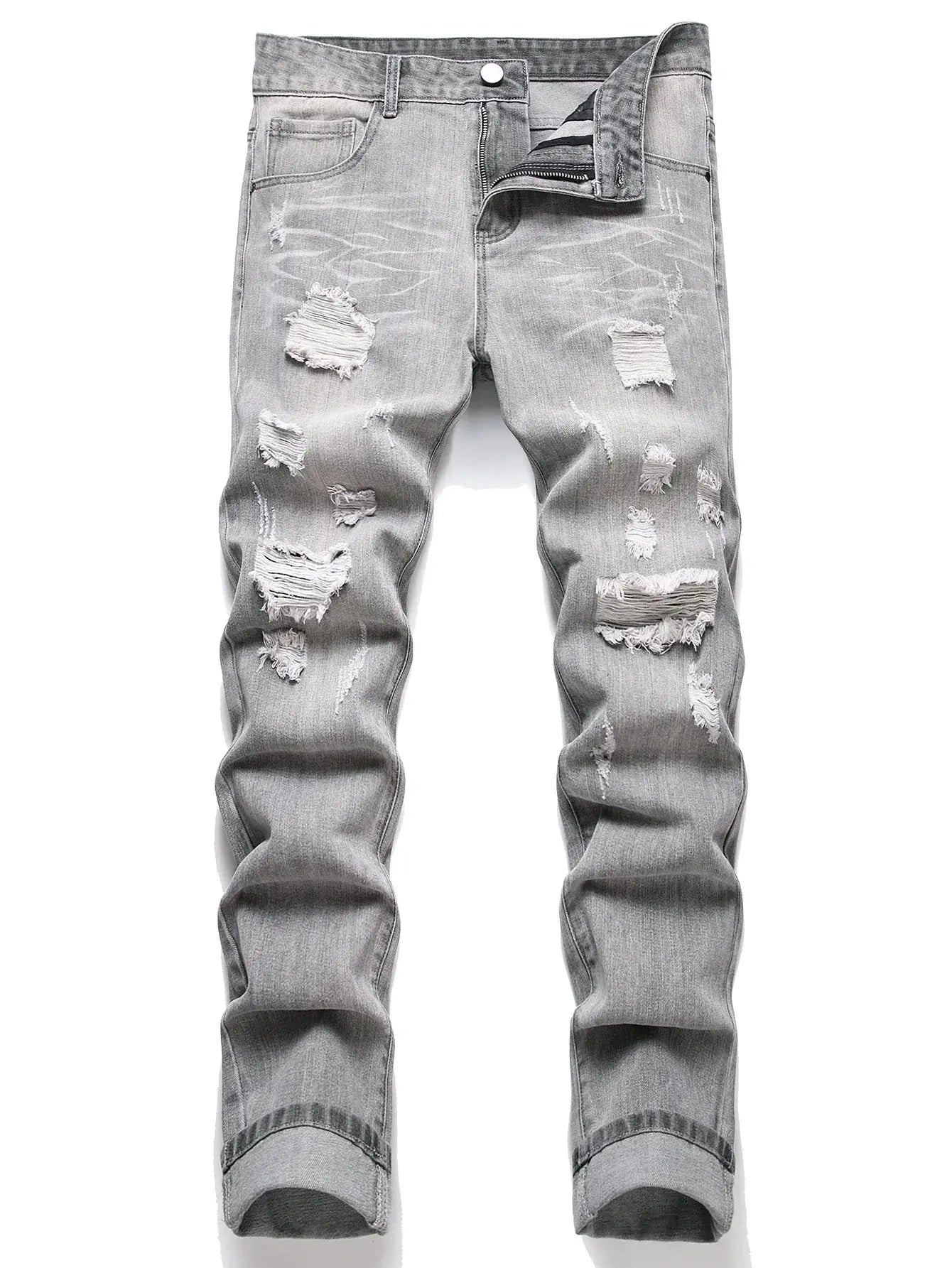 LYVIO Men's Slim Fit Grey Straight Leg Mid Waist Denim Jeans